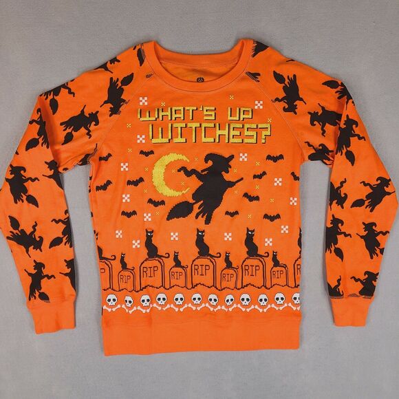 Halloween Sweatshirt Junior Women's Orange Medium 7-9 What's Up‎ Witches - Picture 1 of 11